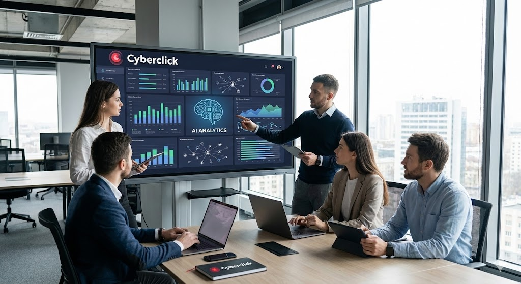 Equipo de profesionales de Cyberclick trabajando en una estrategia de analítica digital con IA en la oficina.