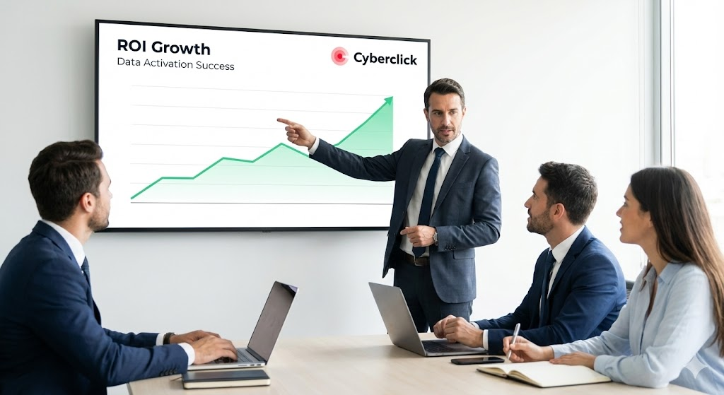 Presentación de resultados de negocio y crecimiento del ROI obtenidos mediante analítica digital con IA.