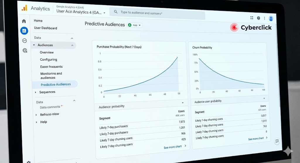 Monitor mostrando el panel de audiencias predictivas de GA4 y gráficos de analítica digital con IA.